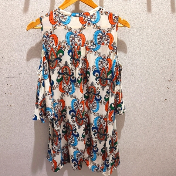Umgee Boho Colorful Paisley‎ Peasant Babydoll Mini Dress Large Open Shoulder S - Picture 3 of 7